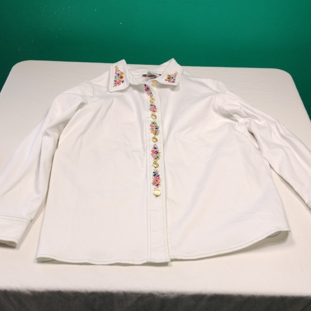 Bob Mackie Women's White Embroidered Long Sleeve Button Up Shirt Size Large